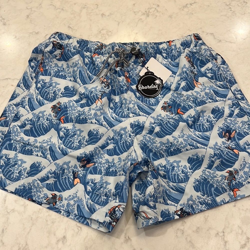 NWT BOARDIES Blue Patterned Swim Board Trunks Large Summer Vacation Cruise Pool